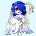  1girl bare_shoulders blue_skin breasts elbow_gloves hair_over_one_eye high_heels red_eyes skullgirls squigly_(skullgirls) stitched_mouth stitches wedding_dress zombie 