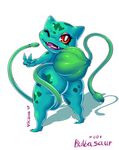  2017 anthro bulbasaur butt fangs female looking_at_viewer looking_back nintendo one_eye_closed open_mouth peace_sign_(disambiguation) pok&eacute;mon red_eyes simple_background solo teeth tongue vicioustyrant video_games white_background 