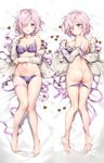  anmi ass bangs bare_legs bare_shoulders barefoot bed_sheet blush bow bow_bra bra breasts chocolate chocolate_heart dakimakura decensored eyebrows_visible_through_hair eyes_visible_through_hair fate/grand_order fate_(series) frilled_bra frills from_above full_body hair_over_one_eye heart highres lavender_hair looking_at_viewer looking_back lying mash_kyrielight medium_breasts multi-strapped_panties multiple_views navel off_shoulder on_back on_stomach open_clothes open_mouth panties panty_pull plaid plaid_bra plaid_panties purple_bra purple_eyes purple_panties ribbon short_hair smile third-party_edit underwear 