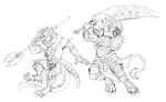  action_pose anthro armor charr claws clothing dagos duo fangs feline female fighting_stance flat_chested fluffy fluffy_tail fur glaive guild_wars horn male mammal mane melee_weapon multi_ear open_mouth polearm simple_background skull sword video_games weapon 