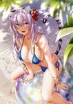  :d absurdres animal_ears ball bare_legs barefoot beach beachball bikini blue_bikini blue_eyes blurry bracelet breasts cleavage collarbone colored_eyelashes cropped day depth_of_field eyebrows_visible_through_hair flower hair_between_eyes hair_flower hair_ornament highres jewelry kannatsuki_noboru large_breasts lavender_hair leaning_forward long_hair looking_at_viewer looking_up navel non-web_source o-ring o-ring_bikini open_mouth outdoors scan side-tie_bikini smile solo swimsuit tail thighlet tiger_ears tiger_tail toranoana 