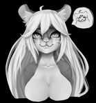  2015 :3 ahoge aiadel_miyu american_curl anthro big_breasts black_background breasts bust_portrait cat cute_fangs digital_media_(artwork) digital_painting_(artwork) eyelashes fangs featureless_breasts feline front_view fur greyscale hair half-closed_eyes hi_res hoplophoneus hybrid inner_ear_fluff long_hair looking_at_viewer mammal monochrome multicolored_fur nude pictographics portrait sabertooth_(feature) simple_background smile solo speech_bubble sphazar stripes whiskers white_hair 