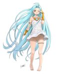  ;) ahoge bare_legs bare_shoulders barefoot blue_eyes blue_hair blush commentary_request dress granblue_fantasy long_hair looking_at_viewer lyria_(granblue_fantasy) minazuki_tsuyuha no_panties no_pussy one_eye_closed simple_background smile solo very_long_hair white_background white_dress 