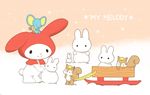 2011 beady_eyes blonde_hair blue_fur bow brown_fur cute female flat_(sanrio) fur hair hood lagomorph long_ears male mammal mouse my_melody please_my_melody rabbit rodent sanrio size_difference sled smile snow squirrel standing white_fur winter 白山 