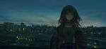  absurdres bangs blue_eyes blunt_bangs brown_hair choker city_lights cityscape cloud cloudy_sky commentary dusk highres jacket lake lm7_(op-center) original outdoors reflection sky solo water 