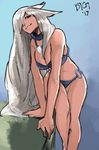  angel_splatter animal_ears bikini cat_ears collar grey_hair hair_over_one_eye highres leaning_on_object long_hair looking_at_viewer o-ring o-ring_bottom original red_eyes signature sketch smile solo swimsuit 
