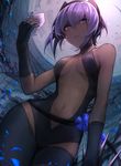  bare_shoulders black_legwear blue_flower breasts breasts_apart dark_skin eyebrows_visible_through_hair fate/prototype fate/prototype:_fragments_of_blue_and_silver fate_(series) flower hairband hassan_of_serenity_(fate) highres looking_at_viewer mask mask_removed medium_breasts mephist-pheles navel purple_eyes purple_hair short_hair solo thighhighs 