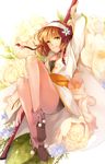  1girl breasts brown_hair choker flower green_eyes hairband jacket leia_rolando open_mouth ribbon rose shoes short_hair shorts staff tales_of_(series) tales_of_xillia weapon 
