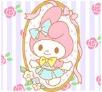  2013 beady_eyes bow chibi clothing cute flower fur hood kemono lagomorph mammal my_melody plant please_my_melody rabbit ribbons rose sanrio smile solo standing walking white_fur はっち 