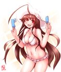  :d ahoge alternate_costume bikini blush breasts brown_eyes brown_hair cleavage collarbone commentary_request fang food frilled_bikini frills gradient gradient_background hat highres holding kanon_(kurogane_knights) kantai_collection kuma_(kantai_collection) long_hair looking_at_viewer medium_breasts navel open_mouth popsicle simple_background sketch smile solo sun_hat swimsuit white_bikini 