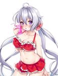  ahoge bangs bikini bikini_skirt blush breasts collarbone commentary_request cup drinking_glass drinking_straw eyebrows_visible_through_hair frilled_bikini frills grey_hair grin hair_between_eyes hattori_masaki holding holding_cup large_breasts long_hair looking_at_viewer low_twintails navel parted_lips purple_eyes red_bikini senki_zesshou_symphogear sidelocks silver_hair simple_background smile solo swimsuit thighs twintails veiny_breasts very_long_hair white_background yukine_chris 