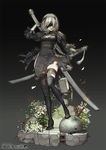  black_background black_dress black_footwear black_legwear blindfold boots concrete copyright_name dress dual_wielding faux_figurine flower full_body high_heels holding holding_sword holding_weapon honnou_(kjs9504) nier_(series) nier_automata parted_lips petals pipes pod_(nier_automata) rebar short_hair silver_hair standing sword thigh_boots thighhighs torn_clothes torn_legwear weapon wire yorha_no._2_type_b 