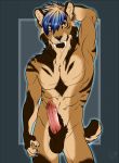  2018 5_fingers abs amber_eyes animal_genitalia animal_penis anthro balls barbed_penis biceps blonde_hair blue_hair brown_fur digital_media_(artwork) erection fangs feline fur hair hands_behind_head humanoid_penis male mammal markings multicolored_fur multicolored_hair muscular muscular_male nude open_mouth patrikthedog pecs penis pinup pose saber-toothed_cat simple_background smile solo standing striped_fur stripes tan_fur teeth whiskers 