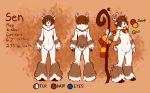  5_fingers anthro antlers bell blue_eyes brown_fur cervine featureless_crotch fluffy full-length_portrait fur hooves horn male mammal mewgle model_sheet mostly_nude portrait reindeer scarf sen_(mewgle) short_tail simple_background solo staff white_fur 