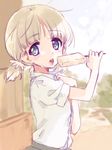  aki_(girls_und_panzer) commentary_request food girls_und_panzer green_eyes highres kuroi_mimei light_brown_hair popsicle shirt short_hair short_twintails solo sweat twintails white_shirt 
