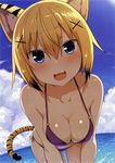  :3 :d absurdres animal_ears bent_over bikini blonde_hair blue_eyes blue_sky breasts cleavage cloud cloudy_sky cowboy_shot day dutch_angle fang fisheye greatmosu hair_ornament highres horizon large_breasts looking_at_viewer non-web_source o-ring o-ring_bikini ocean open_mouth purple_bikini scan short_hair side-tie_bikini sky smile solo swimsuit tail tiger_ears tiger_tail toranoana wet x_hair_ornament 