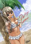  2017 against_tree bare_shoulders beach bikini blonde_hair blush breasts brown_eyes cleavage cloud collarbone cowboy_shot dark_skin day english fairy_tail frilled_bikini frills hand_on_own_chest horizon lips long_hair looking_at_viewer lucy_heartfilia mashima_hiro medium_breasts navel ocean official_art outdoors palm_tree shiny shiny_skin side_ponytail sidelocks signature sky smile solo standing summer swimsuit tan thigh_gap tree water white_bikini 