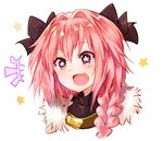  astolfo_(fate) blush braid commentary_request fang fate/apocrypha fate_(series) long_hair male_focus open_mouth pink_hair purple_eyes single_braid smile solo sparkle star star-shaped_pupils sukemyon symbol-shaped_pupils turtleneck 