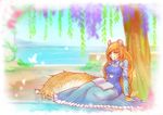  2017 3_fingers :3 aiadel_miyu american_curl anthro arm_support arthropod athletic basque big_breasts biped blue_clothing blue_dress blurred_background book breasts butterfly cat clothed clothing countershade_face countershade_tail countershading crescent_(shape) digital_drawing_(artwork) digital_media_(artwork) dress eyelashes fangs feline flower fluffy fluffy_tail front_view full-length_portrait fur garter_straps green_eyes hair half-closed_eyes holding_book holding_object hoplophoneus humanoid_hands hybrid hyuei inner_ear_fluff insect legs_together lingerie long_dress long_hair long_tail looking_down mammal moss multicolored_fur orange_fur orange_hair orange_spots outside pink_nose plant pool_(disambiguation) portrait reading reclining sabertooth_(feature) sea signature sitting sky smile soft_shading solo_focus spots suspenders thick_tail tree water white_countershading white_fur white_spots wisteria_(flower) 