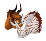  anthro charr claws dagos duo embrace fangs feline female flat_chested fur guild_wars hair horn male mammal mane multi_ear simple_background stripes tan_fur video_games white_eyes white_fur yellow_eyes 