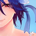  blue_background blue_hair blush bow close-up closed_mouth face hair_between_eyes hair_bow justin_leyva_(steamy_tomato) lips nisekoi out_of_frame red_eyes ribbon simple_background smile solo tsugumi_seishirou 
