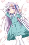  arm_on_head arm_up bed blue_dress dress gotou_jun highres long_hair lying on_back one_side_up open_mouth pantyhose purple_eyes purple_hair ribbon solo tenshi_no_3p! very_long_hair white_legwear xiaosamiao 