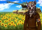  2015 black_lips black_nose clothed clothing day fur grey_fur hat headphones hyena kero_tzuki mammal open_mouth outside red_eyes sky tank teeth tongue vehicle 