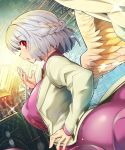  ass braid breasts commentary_request cowboy_shot feathered_wings from_side hand_to_own_mouth highres kishin_sagume large_breasts looking_at_viewer looking_to_the_side open_mouth red_eyes silver_hair single_wing solo touhou umigarasu_(kitsune1963) wings 