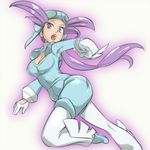  breasts cleavage cleavage_cutout covered_nipples gloves gym_leader helmet long_hair looking_at_viewer medium_breasts nagi_(pokemon) open_mouth pokemon pokemon_(game) pokemon_rse purple_eyes purple_hair short_jumpsuit solo uniform zaitsu 