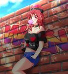  against_wall aospanking blue_sky breasts brick_wall bubble_blowing chewing_gum choker cleavage clothes_writing cloud collarbone day graffiti hands_in_pockets heart hecatia_lapislazuli knee_up leaning_on_object looking_at_viewer medium_breasts navel outdoors polos_crown red_eyes red_hair shirt short_hair short_shorts shorts sky solo strapless t-shirt touhou 