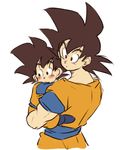  black_eyes black_hair blush_stickers carrying child dougi dragon_ball dragon_ball_z eyebrows_visible_through_hair father_and_son looking_away male_focus multiple_boys serious simple_background son_gokuu son_goten spiked_hair tkgsize white_background 