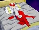  ambiguous_gender bed bedding blanket blush condom feral latias legendary_pok&eacute;mon looking_back nintendo pillow pok&eacute;mon teeth video_games yellow_eyes 響音カゲ_(artist) 