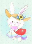  bag beady_eyes blush clothing cute dress female flower fur hat lagomorph looking_at_viewer mammal mell plant rabbit sanrio solo sunflower sunhat t.p. walking white_fur wish_me_mell 