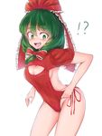  1girl absurdres adapted_costume arm_at_side bangs bare_shoulders bow cleavage_cutout commentary_request embarrassed eyebrows_visible_through_hair frilled_bow frilled_ribbon frills front_ponytail green_eyes green_hair hair_between_eyes hair_bow hair_ribbon highres kagiyama_hina kushidama_minaka legs_apart long_hair looking_down meme_attire open-chest_sweater open_mouth red_ribbon red_sweater ribbed_sweater ribbon short_sleeves simple_background solo standing surprised sweatdrop sweater swimsuit swimsuit_pull tearing_up tears teeth touhou white_background 