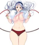  blue_eyes bouncing_breasts breasts buruma cameltoe gym_uniform hairband highres jump_rope large_breasts long_hair looking_at_viewer masao navel open_mouth original silver_hair simple_background skindentation solo thick_thighs thigh_gap thighs tongue underboob white_background 