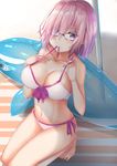  adapted_costume barefoot bikini breasts cleavage fate/grand_order fate_(series) glasses hair_over_one_eye highres inflatable_dolphin inflatable_toy kazuha_(saku_kn) looking_at_viewer mash_kyrielight medium_breasts mouth_hold navel purple_eyes purple_hair short_hair solo swimsuit swimsuit_of_perpetual_summer white_bikini 