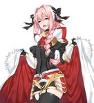  anoshabu astolfo_(fate) black_bow black_gloves black_legwear blush bow braid cape eyebrows_visible_through_hair fang fate/apocrypha fate/grand_order fate_(series) fur_trim garter_straps gauntlets gloves hair_ribbon long_hair male_focus open_mouth otoko_no_ko pink_hair purple_eyes ribbon single_braid thighhighs zettai_ryouiki 