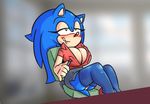  big_breasts blush bottom_lip breasts chair cleavage clothed clothing cuisine daydream footwear high_heels legwear lipstick makeup miniskirt nipple_rub no_underwear pencil_(disambiguation) revealing_(disambiguation) shiny_skin shoes skirt smile smirk sonic_(series) sonic_the_hedgehog stockings uniform 