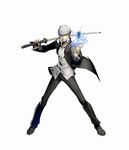  black_footwear blazblue blazblue:_cross_tag_battle blue_fire fire full_body grey_eyes highres higuchi_konomi katana legs_apart male_focus narukami_yuu official_art over_shoulder persona persona_4 school_uniform serious shoes silver_hair solo sword sword_over_shoulder the_fool_(tarot_card) weapon weapon_over_shoulder yasogami_school_uniform 