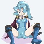  arm_support blue_eyes blue_footwear blue_gloves blue_hair blue_leotard boots breasts breasts_apart cameltoe cape frown gem gloves gym_leader ibuki_(pokemon) knee_boots leotard long_hair looking_to_the_side medium_breasts pokemon pokemon_(game) pokemon_hgss ponytail sitting solo spread_legs zaitsu 