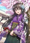  1girl black_hair blush brown_eyes cherry_blossoms hair_ornament japanese_clothes looking_at_viewer open_mouth school shakugan_no_shana shana smile solo yukata 