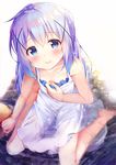  bangs bare_legs bare_shoulders barefoot blue_eyes blush breasts closed_mouth collarbone commentary_request downblouse dress dress_pull eyebrows_visible_through_hair full_body gochuumon_wa_usagi_desu_ka? hair_ornament hairclip highres kafuu_chino light_blue_hair long_hair looking_at_viewer partially_submerged rock rouka_(akatyann) sidelocks sitting small_breasts solo sundress wariza water wet wet_clothes wet_dress white_background white_dress x_hair_ornament 
