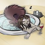  2013 4_fingers :3 alcohol anthro arm_tuft beverage biped bloodbay brown_eyes brown_fur brown_hair brown_spots bubble cat cheek_tuft chest_tuft digital_drawing_(artwork) digital_media_(artwork) feline female fluffy fluffy_tail freckles front_view fur grey_fur hair half-closed_eyes half-length_portrait high-angle_view holding_glass holding_object hot_tub humanoid_hands hybrid inside ipod laperm long_hair long_tail lying mammal multicolored_fur nude on_front portrait queenie_(queencakes) raised_tail relaxing scottish_fold signature smile solo speaker spots steam swimming thick_tail tuft two_tone_fur whiskers wine 