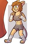  2017 anthro bandage brown_hair chelsea_(unnam3d) clothing crop_top female freckles green_eyes hair mammal mouse punching_bag rodent shirt shorts simple_background tank_top unknown_artist 