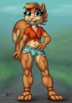  anthro buckteeth bulge clothing cutoffs denim_shorts ear_piercing fur girly ladyfuzztail makeup male mammal midriff piercing raised_tail rodent scaredy_squirrel scaredy_squirrel_(character) shorts squirrel teeth 