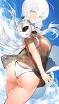  :d ahoge arm_at_side arm_strap ass azur_lane back bangs bare_shoulders bikini bikini_bottom black_bow black_shirt blue_eyes blue_sky bow breasts butt_crack choker cloud cloudy_sky commentary cowboy_shot day eyebrows_visible_through_hair flower from_behind hair_between_eyes hair_bow hair_flower hair_ornament hair_ribbon hat hat_removed headwear_removed highres holding holding_hat horz illustrious_(azur_lane) jewelry lace-trimmed_bow lace-trimmed_choker lace_trim large_breasts legs_together long_hair looking_at_viewer looking_back low_ponytail o-ring o-ring_bikini o-ring_bottom off-shoulder_shirt open_mouth outdoors ponytail ribbon ring see-through shirt short_sleeves sideboob sidelocks sky smile solo swimsuit teeth tress_ribbon twisted_torso wedding_band white_bikini white_bikini_bottom white_choker white_flower white_hair wind 