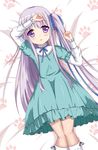  arm_on_head arm_up bed blue_dress dress gotou_jun highres kneehighs long_hair lying on_back one_side_up open_mouth purple_eyes purple_hair ribbon solo tenshi_no_3p! very_long_hair white_legwear xiaosamiao 