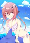  1girl bikini blue_sky blush breasts cleavage clouds front-tie_bikini front-tie_top gabriel_dropout grin hair_ornament hairclip kurumizawa_satanichia_mcdowell looking_at_viewer medium_breasts red_eyes red_hair side-tie_bikini side-tie_bottom smile solo striped_bikini swimsuit water 