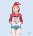  akagi_takenori alternate_costume alternate_hairstyle animal_hood blonde_hair blue_background blue_eyes blush braid bunny_hood hands_in_pockets hood hoodie justin_leyva_(steamy_tomato) kirisaki_chitoge long_hair looking_at_viewer nisekoi no_nose short_shorts shorts simple_background slam_dunk smile solo twin_braids 