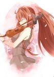  absurdres alternate_costume bare_shoulders black_dress breasts brown_hair chemise cherry_blossoms closed_eyes commentary_request dress flower from_side hair_flower hair_ornament headgear highres instrument kantai_collection long_hair medium_breasts music playing_instrument ponytail profile shibakame solo very_long_hair violin wrist_cuffs yamato_(kantai_collection) 